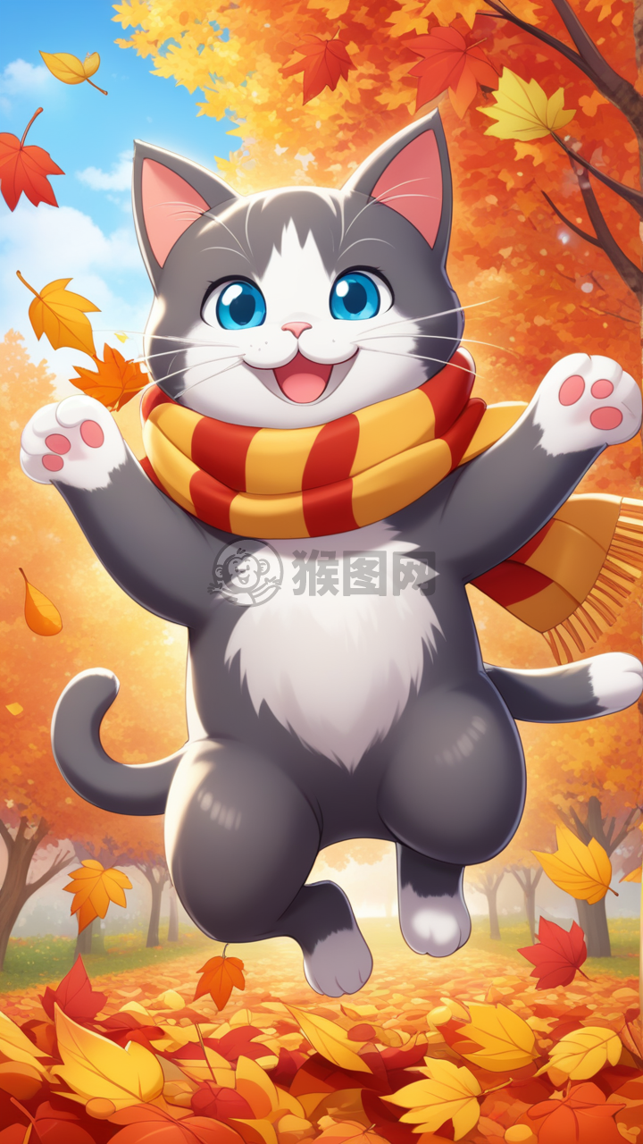 秋日落叶之舞：暖心猫咪的快乐冒险