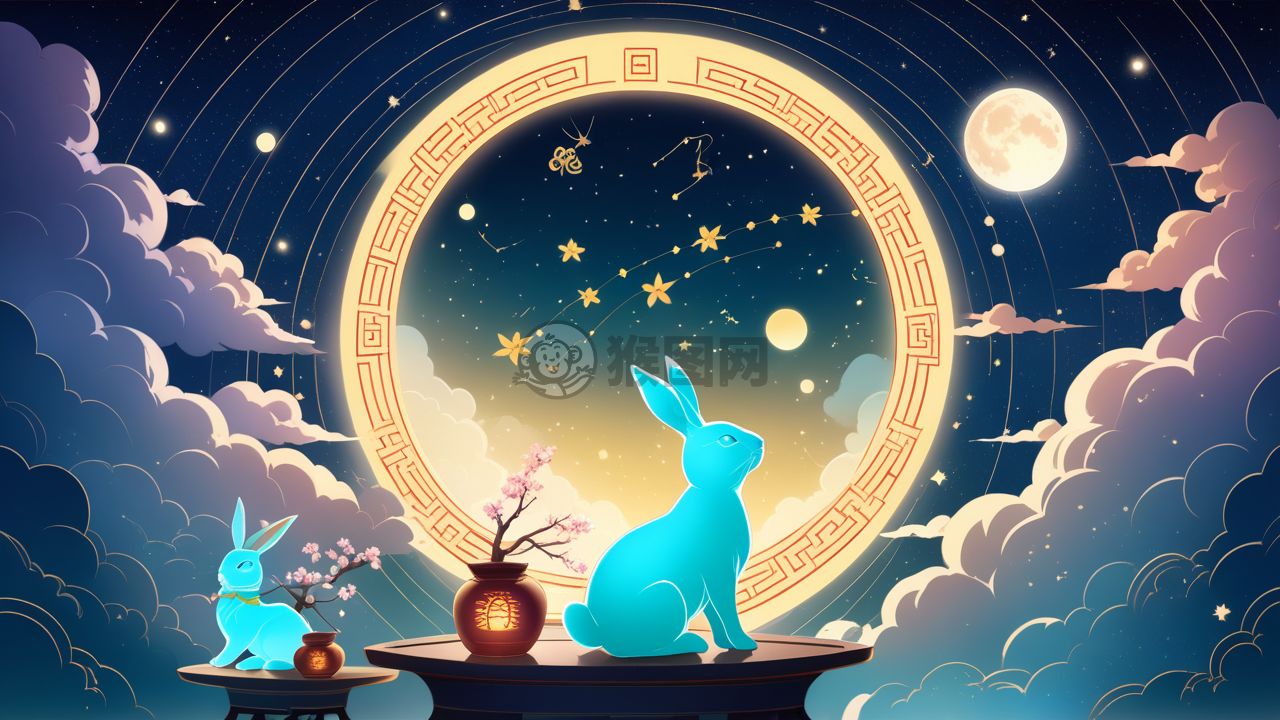 神秘月夜，玉兔捣药，迷幻中秋夜景