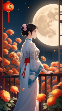 中国传统少女赏月图