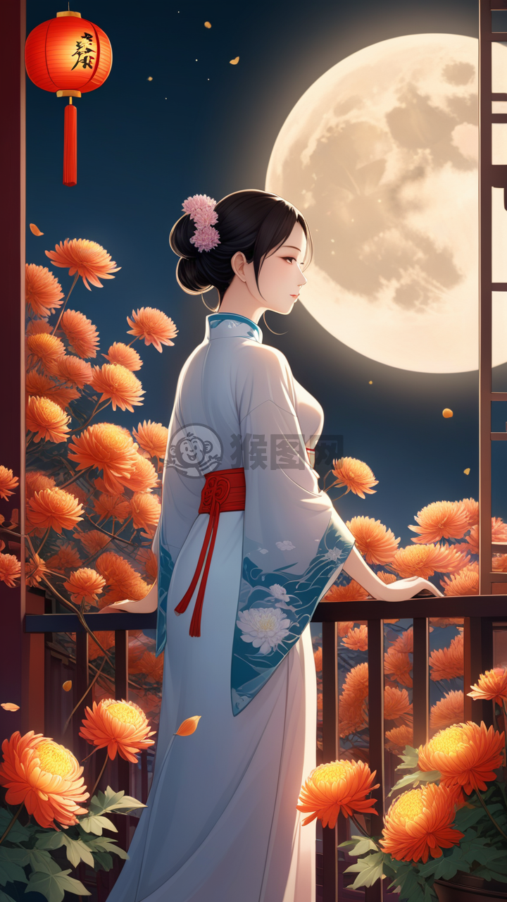 中国传统少女赏月图