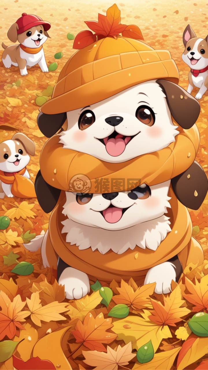 秋叶之晨，萌犬嬉戏
