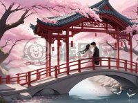 樱花桥下情侣共赏美景