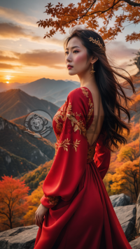 秋山红衣女眺望远方