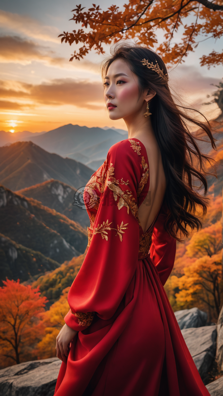 秋山红衣女眺望远方