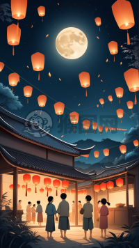 中秋月下村中夜，家人共放天灯明。