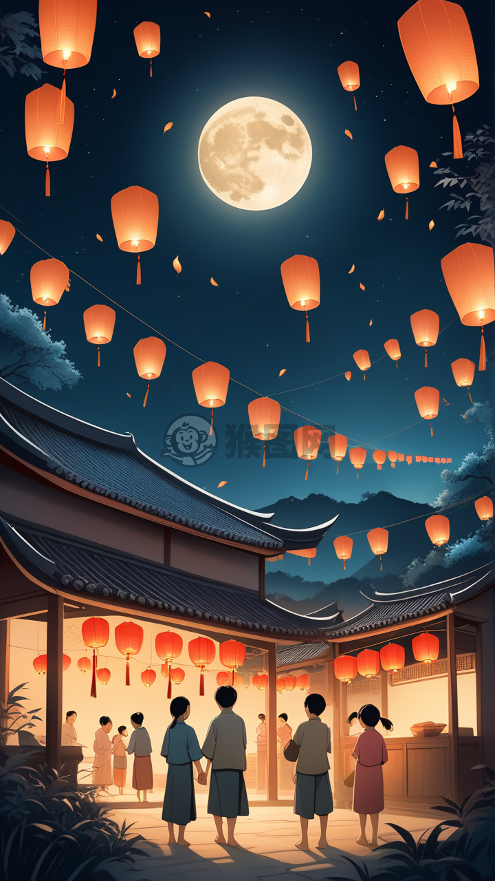 中秋月下村中夜，家人共放天灯明。