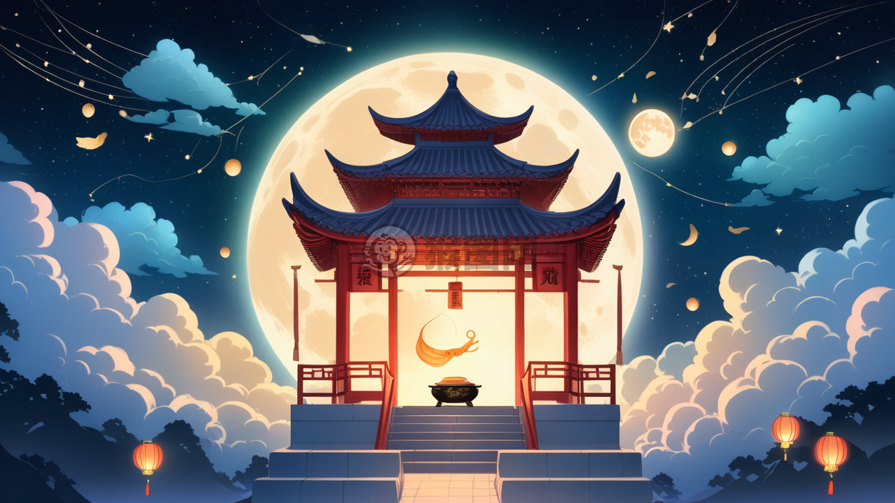 神秘玉兔捣药中秋之夜仙云绕月斋艺术氛围4K分辨率版