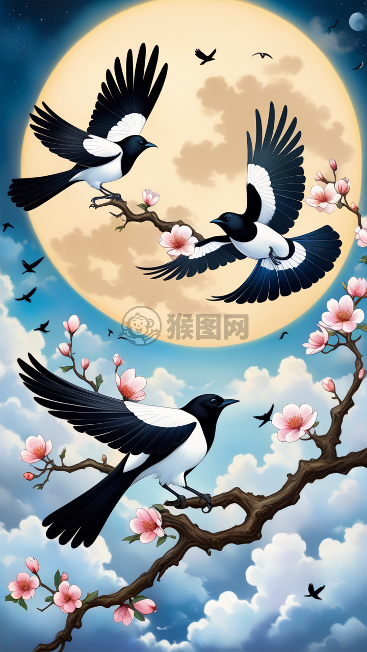 空中舞动的两只喜鹊与艺术之美