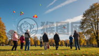 秋日公园放飞风筝的老年群体