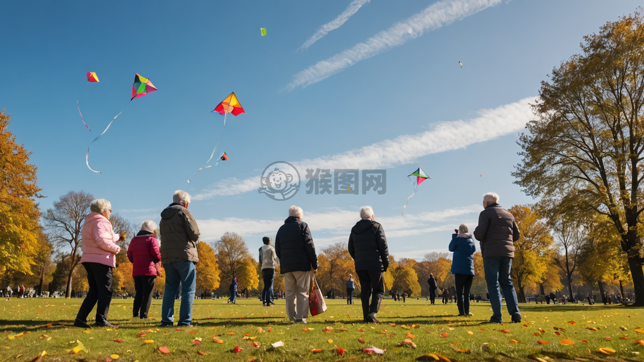 秋日公园放飞风筝的老年群体