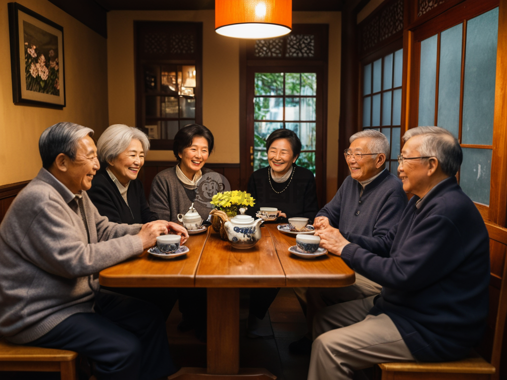 《茶馆聚老友，花前共笑谈》