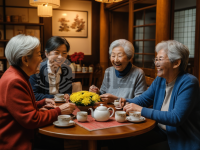 老友相聚茶馆，共享欢笑故事