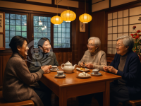 《茶馆聚老友，花前共笑谈》