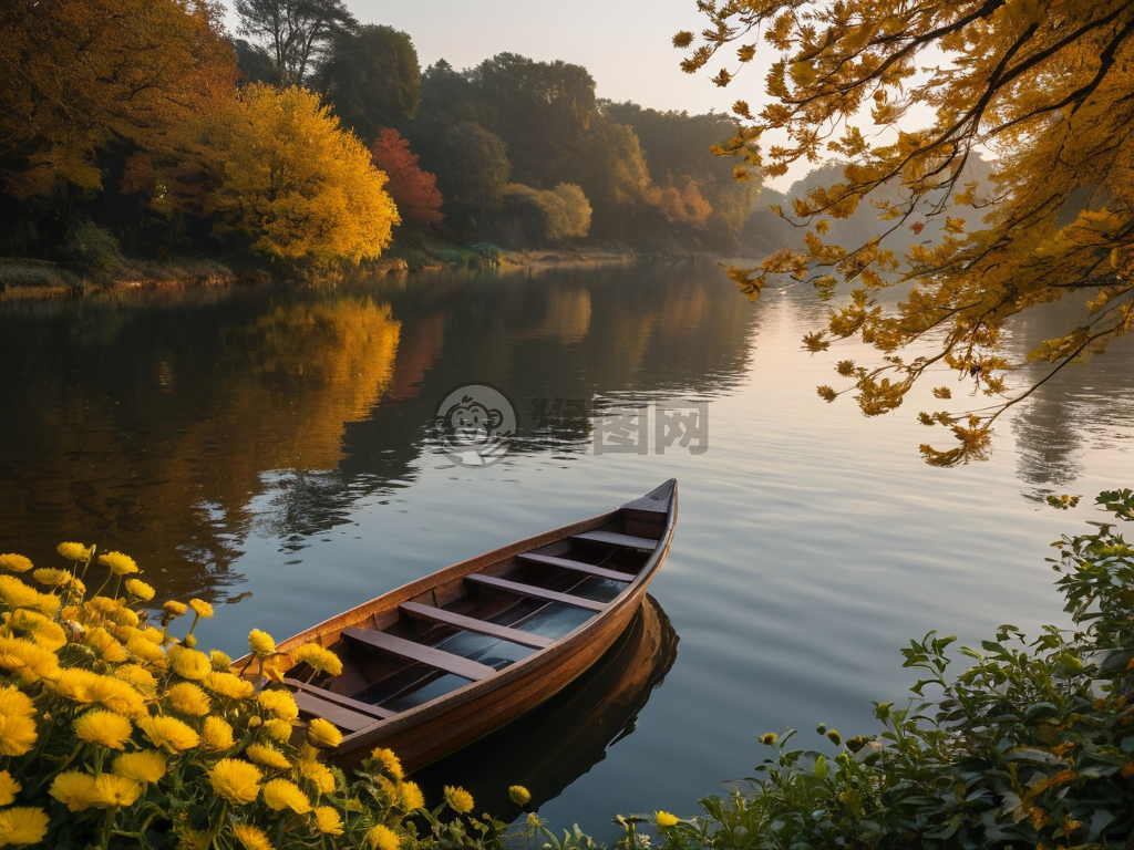 秋日菊花河畔静谧之景