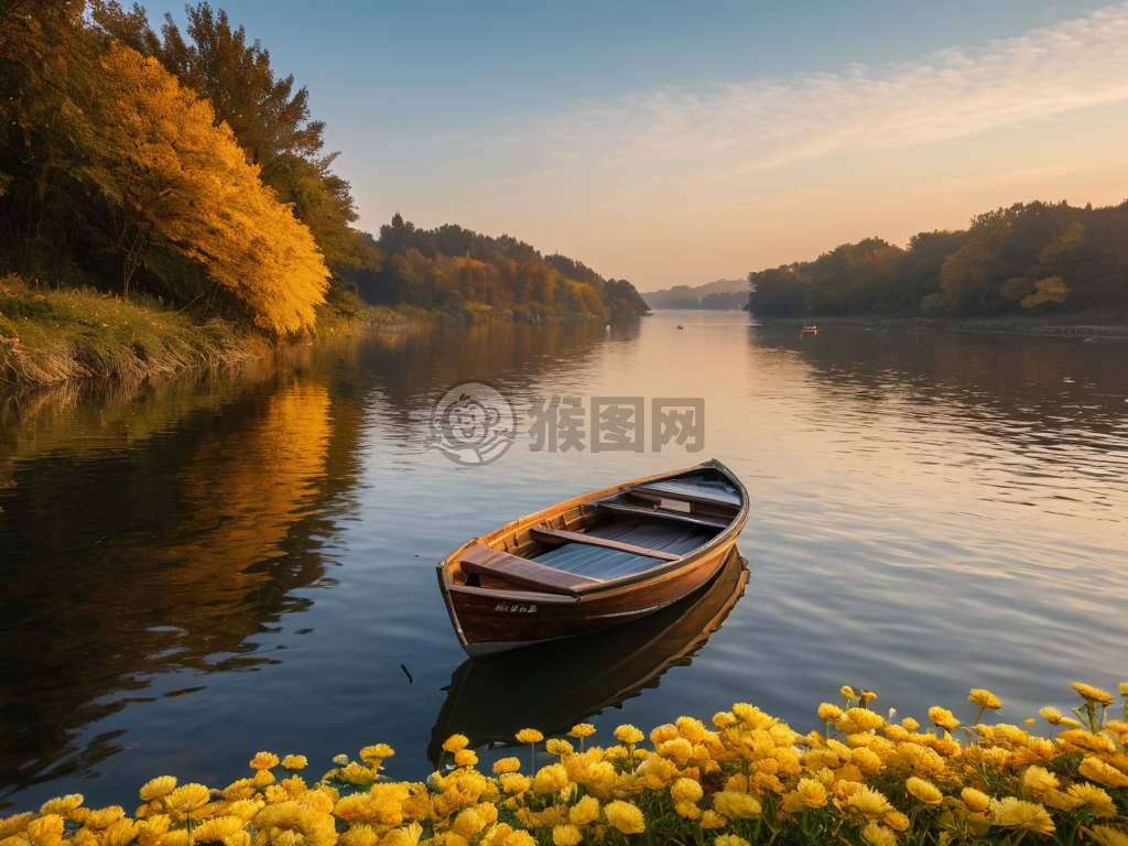 秋日菊花河畔静谧之景