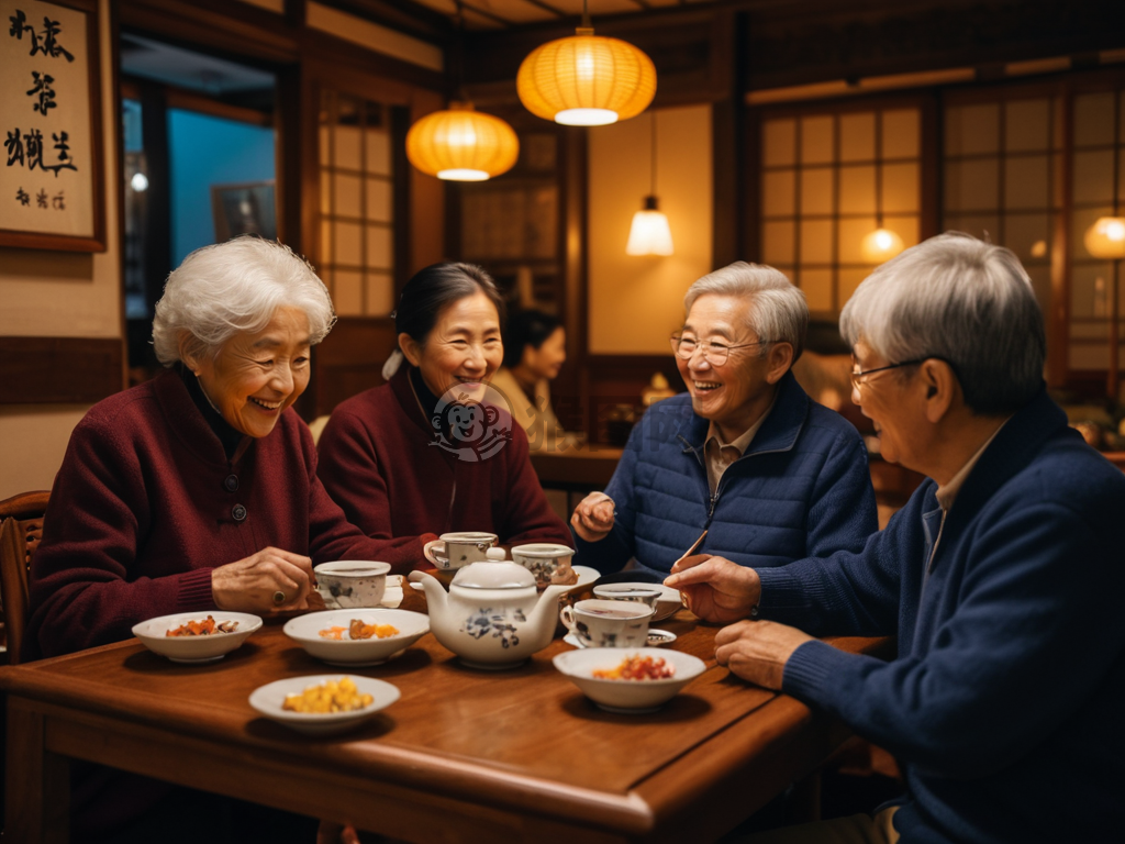 《茶馆聚老友，花前共笑谈》
