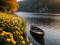 秋日菊花河畔静谧之景
