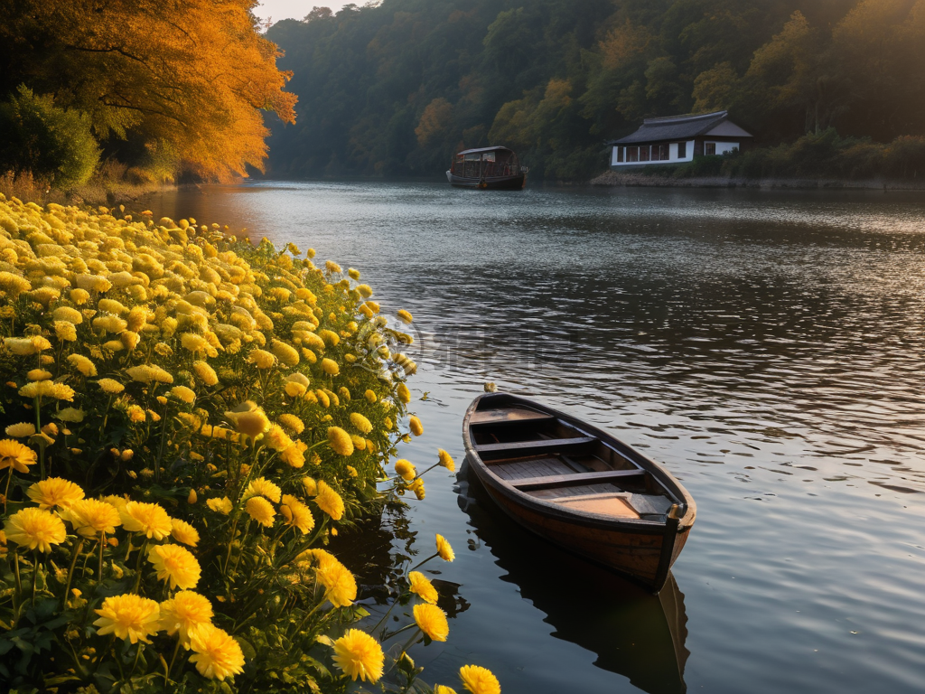 秋日菊花河畔静谧之景