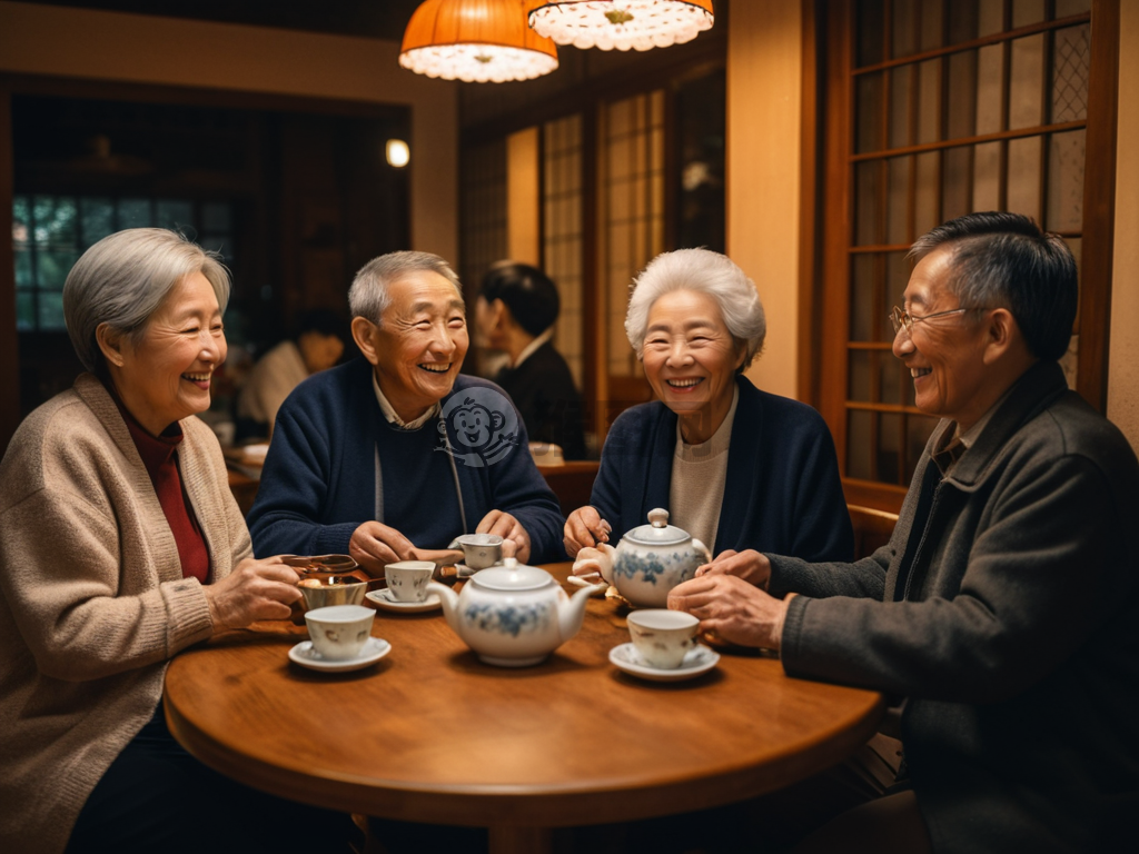 《茶馆聚老友，花前共笑谈》