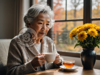 秋窗品茗老妇人影相