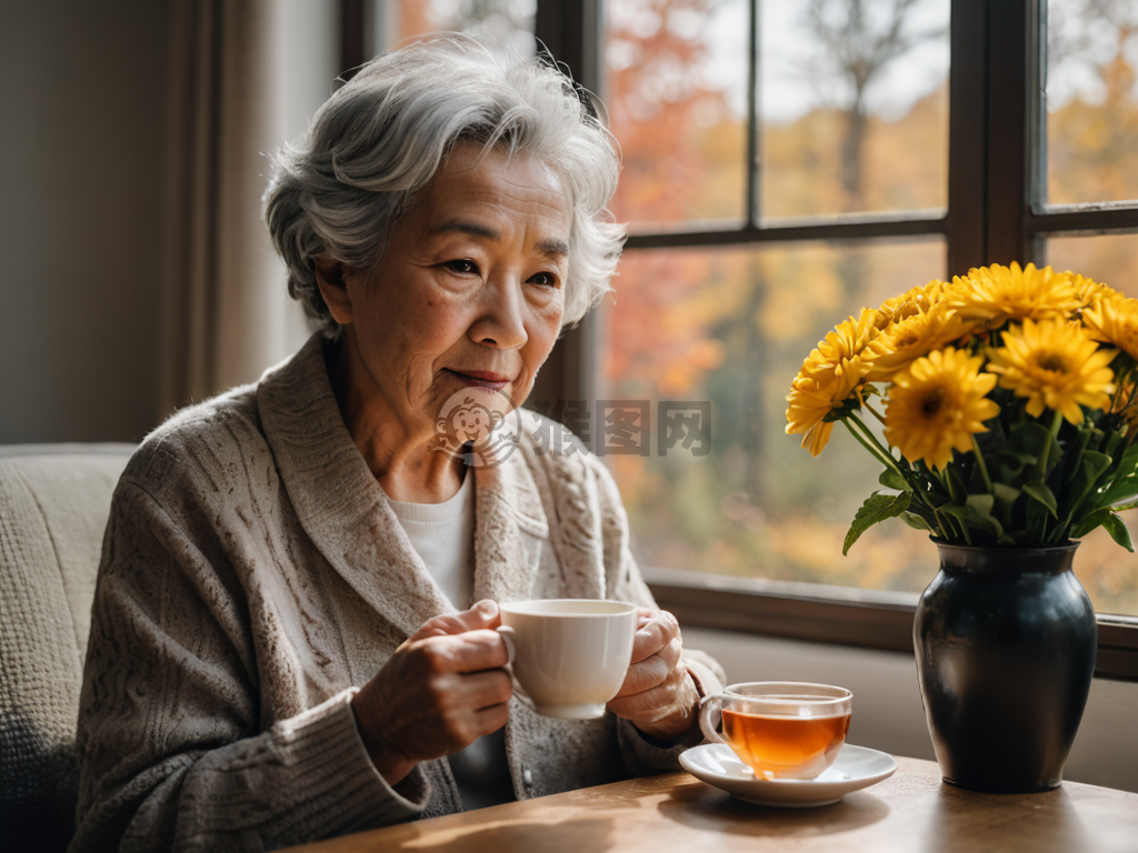 秋窗品茗老妇人影相