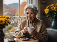 秋窗品茗的老妇人照