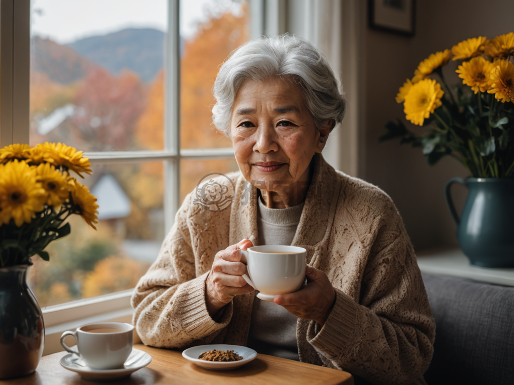 秋窗品茗的老妇人照