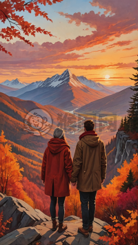 秋山之巅的恋人，共赏夕阳美景