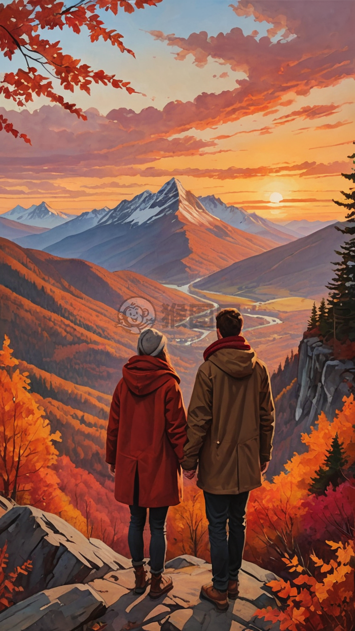 秋山之巅的恋人，共赏夕阳美景