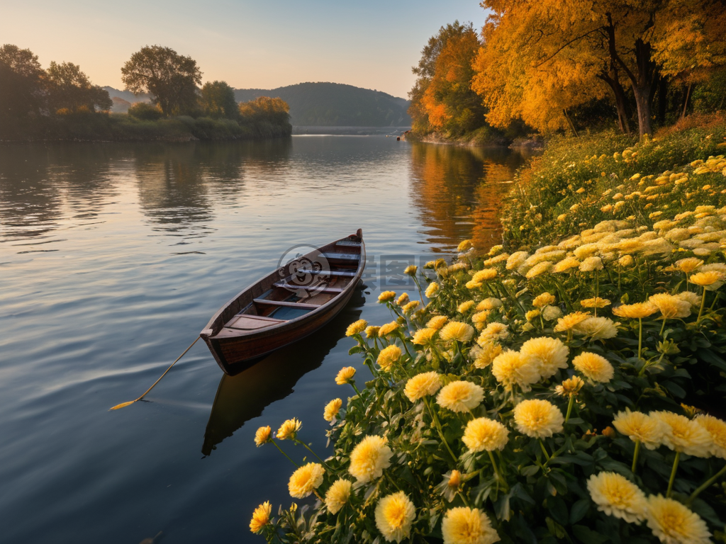 秋日菊花河畔静谧之景