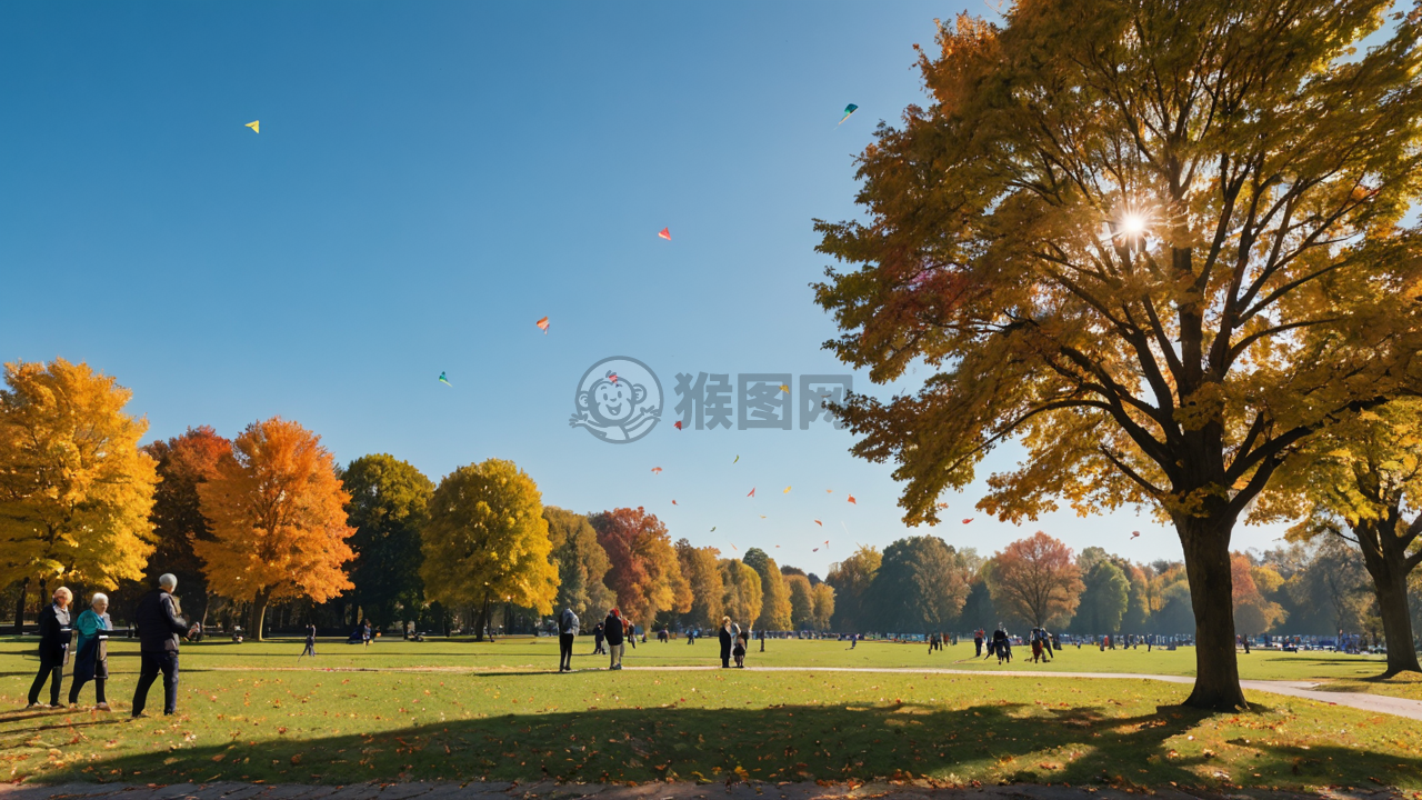 秋日公园放飞彩鸢图