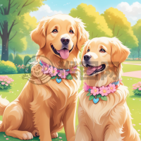 粉红花领金毛犬与同色狗狗的快乐时光