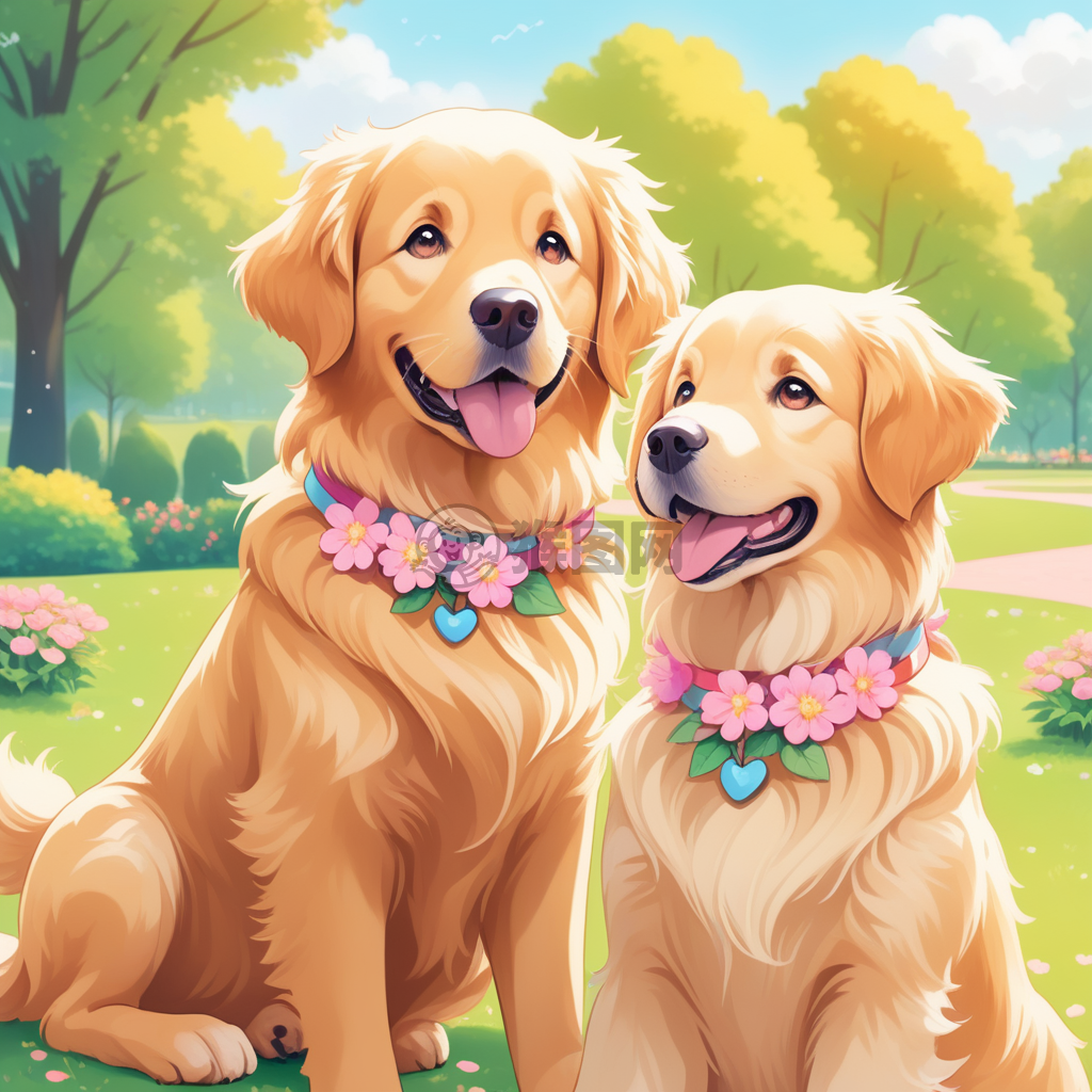 粉红花领金毛犬与同色狗狗的快乐时光