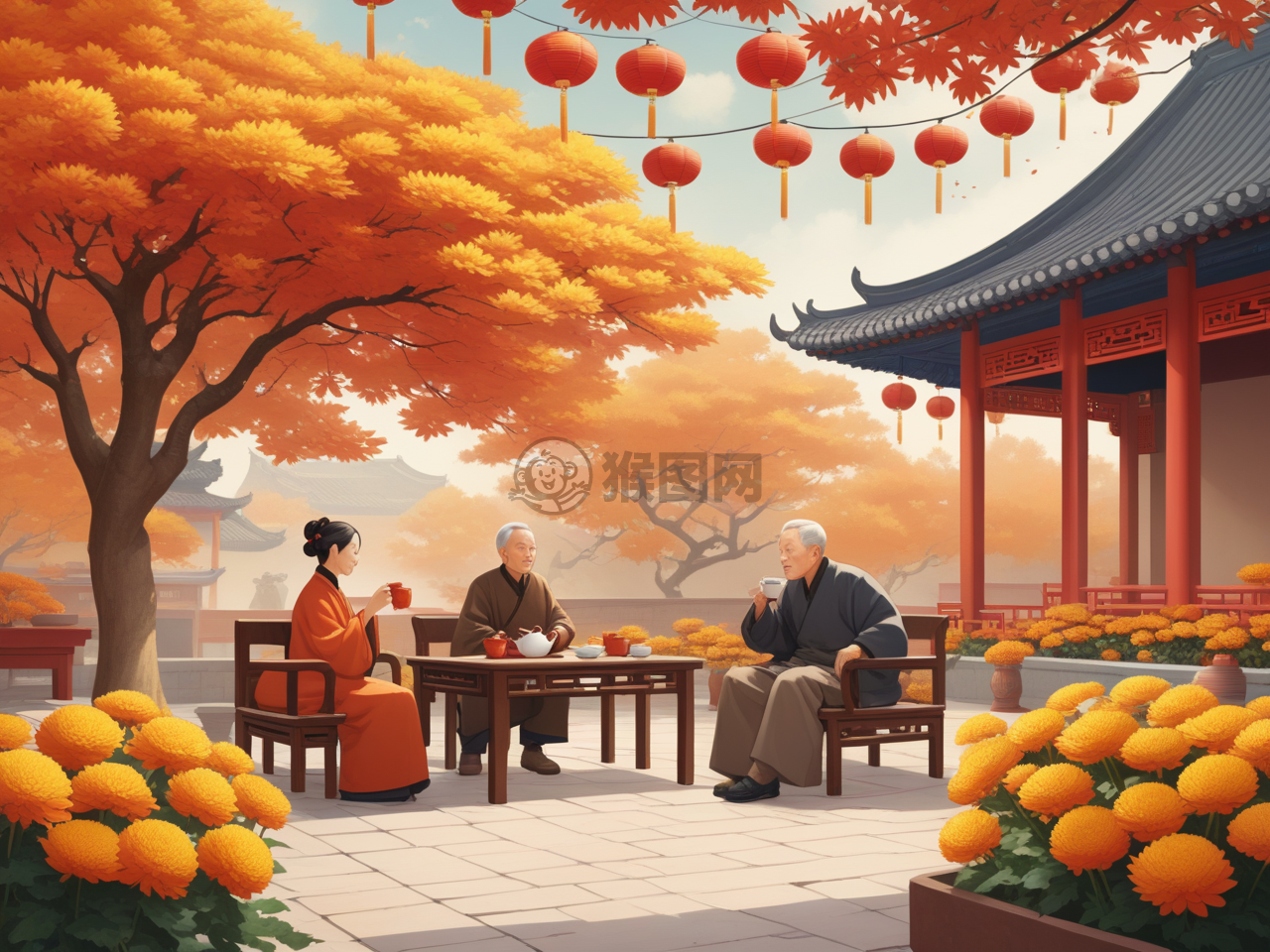 《秋节赏菊老翁茶》