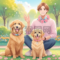 公园里的粉色花环金毛犬与小伙伴的快乐时光