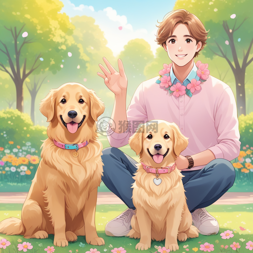 公园里的粉色花环金毛犬与小伙伴的快乐时光