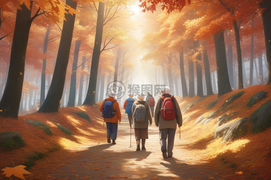 《重阳节老人们共登森林小径》