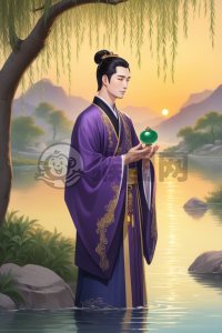 古紫衣玉坠王子静水畔落霞图