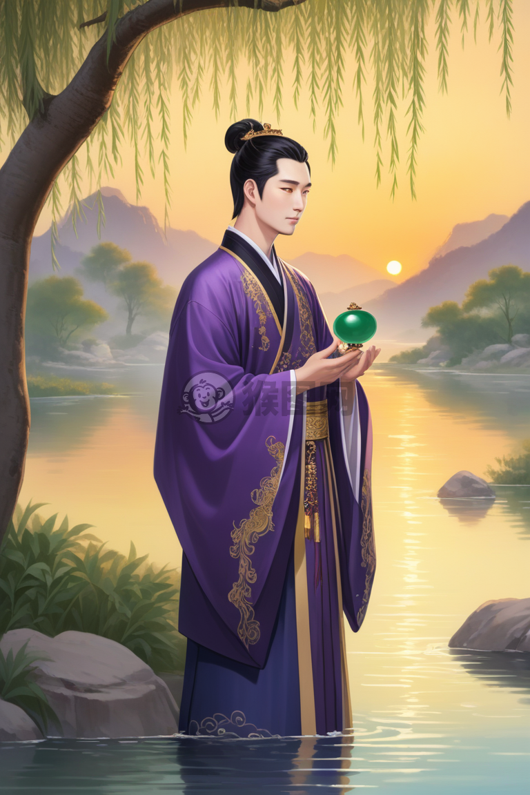 古紫衣玉坠王子静水畔落霞图