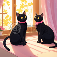 粉色丝带黑猫晒太阳，男猫旁边嬉戏欢。