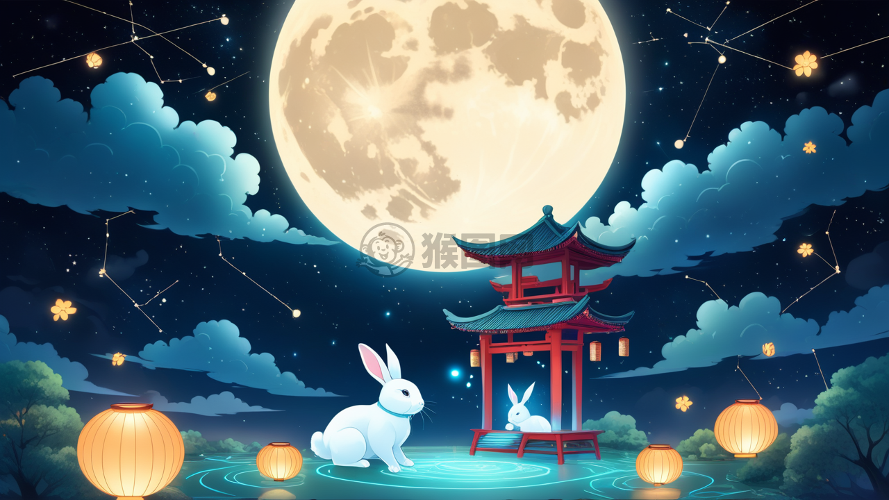 神秘月夜玉兔制药，仙云星辰绘制数字插画