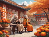 传统庭院中老夫妇品茶赏菊，重阳节之秋色浓郁