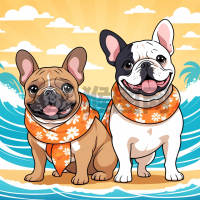 海滩上的花环犬与顽皮伙伴