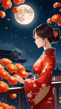 中国传统少女赏月图