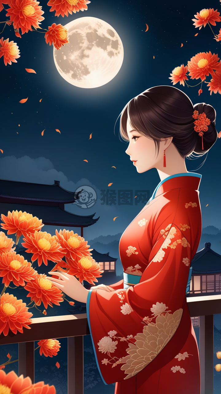 中国传统少女赏月图