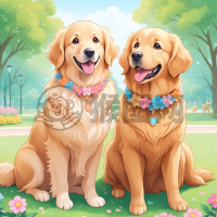 两只可爱金毛犬在缤纷公园中快乐玩耍