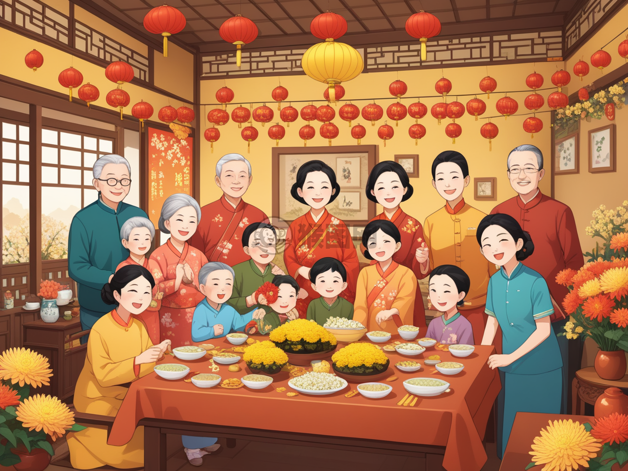 温馨家庭庆重阳，老少团聚共赏菊