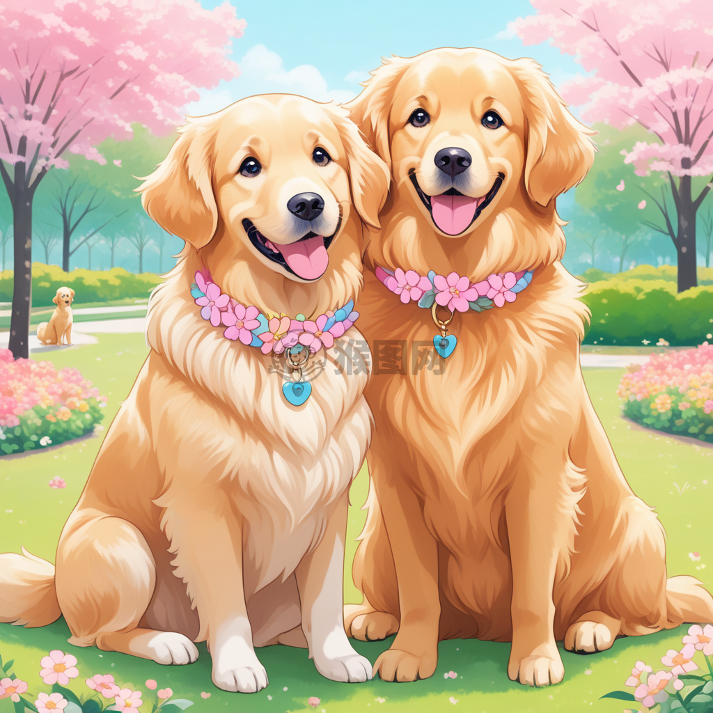 粉色花领金毛犬乐园的快乐时光