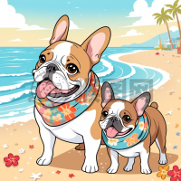 海滩上的花环犬与雄性斗牛犬的快乐时光