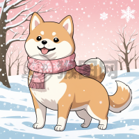 可爱的雪中粉红围巾柴犬组合